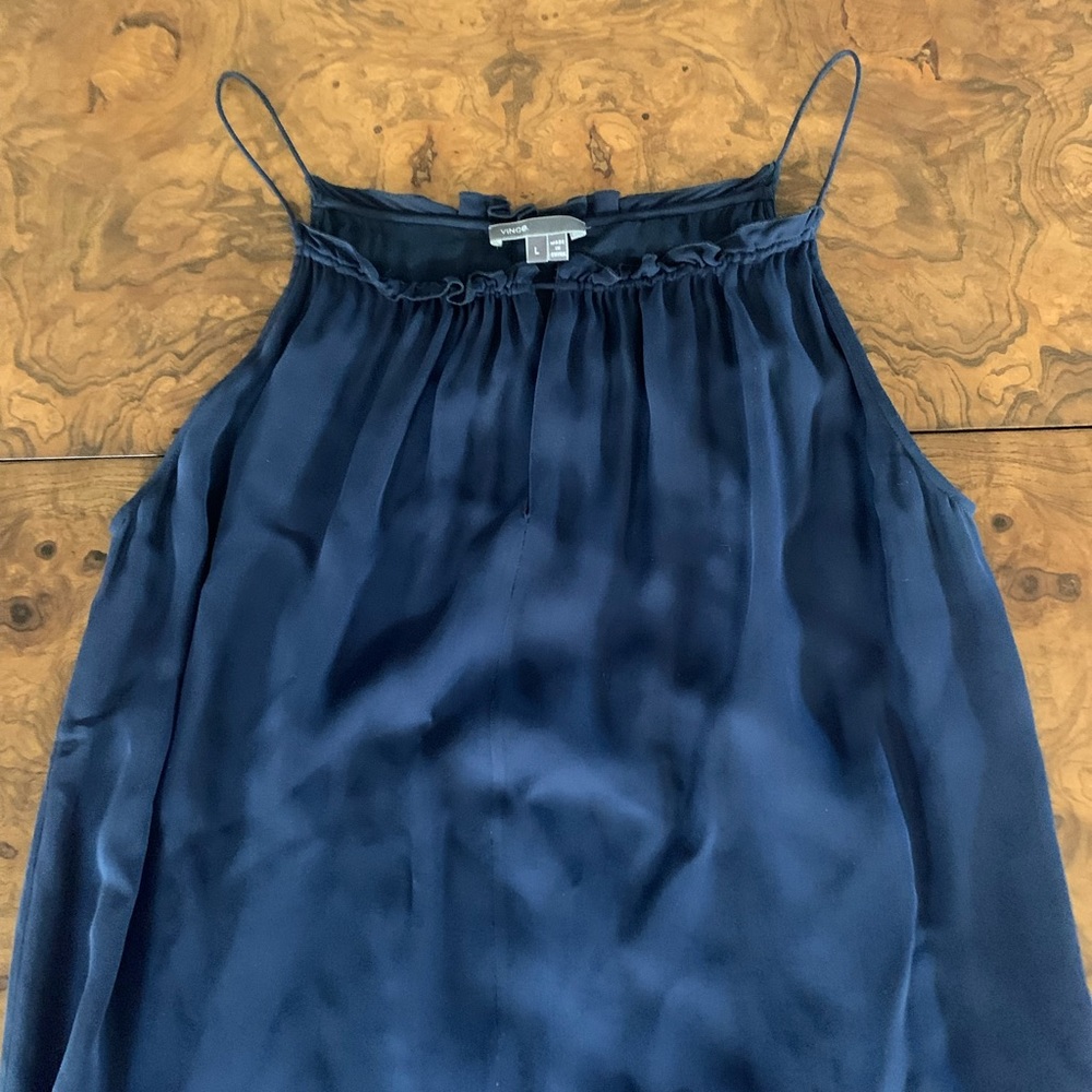 VINCE full length maxi dress navy blue spaghetti strap 100% silk gathered neck L